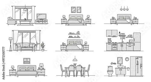 Architectural Sketches of Interior Spaces - Bedroom, Kitchen, and Dining Room Designs.