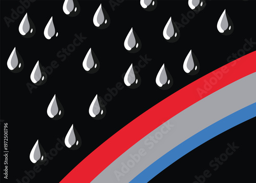 Silver grey raindrops with bright highlights fall through a dark black sky over a curved tricolor band of red grey and blue stripes.