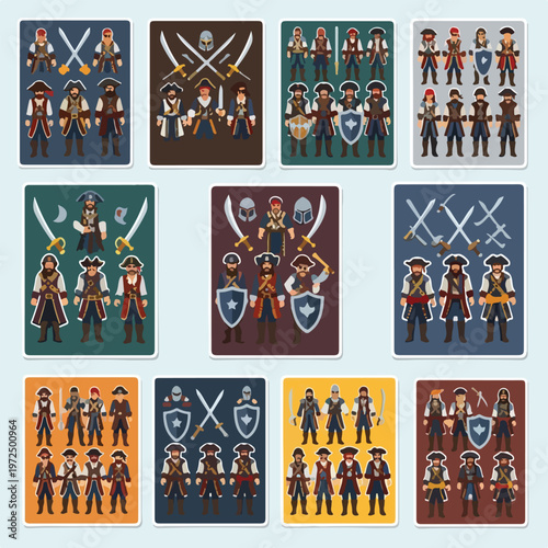 Collection of Pirate Characters and Weapons Illustrations.