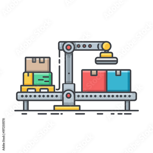Automated robot arm packaging boxes on a conveyor belt