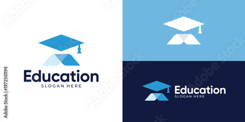 Creative modern education logo template. Abstract simple graduation hat cap with overlay colours logo design vector illustration.