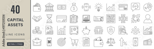 Capital and financial assets outline icon set featuring piggy bank, audit, cryptocurrency and investment symbols. Professional fintech graphics for apps. Editable stroke vector