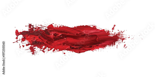 Thick red oil paint smear with visible brush strokes and textured impasto ridges isolated on a white background