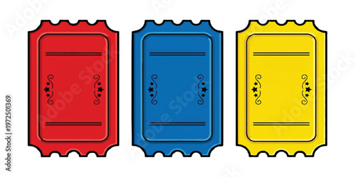 Three rectangular admission tickets in red blue and yellow colors with scalloped edges and black decorative star and scroll line isolated on white background