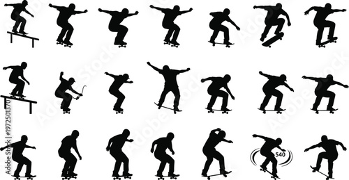 Black silhouettes of skateboarders performing various tricks, grinds, jumps, and flips, representing urban street culture,