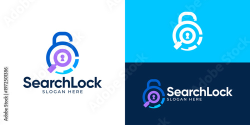 Creative modern search lock logo template. Magnifying glass with lock keyhole symbol logo design vector illustration.