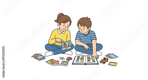 A young girl and boy sit comfortably on a white floor while curiously examining a collection of scattered photographs and a small illustrated picture book.