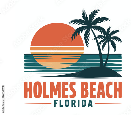 Holmes Beach Florida Vintage Sunset Palm Tree Illustration