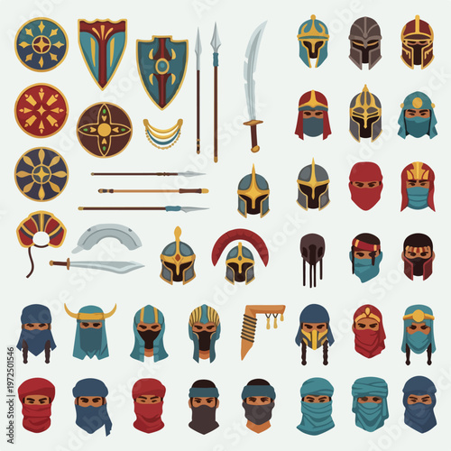 Collection of ancient warrior gear including shields helmets weapons and masked soldiers.