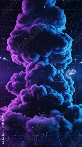 Cyberpunk Neon Explosion Collision, Synthwave Sci-Fi Energy Lightning, Abstract Dynamic Particle Physics Simulation, VFX Grid Background Motion Graphics