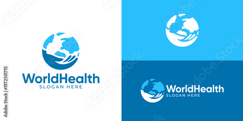 Creative simple world health logo template. Global earth with hand care logo design vector illustration.