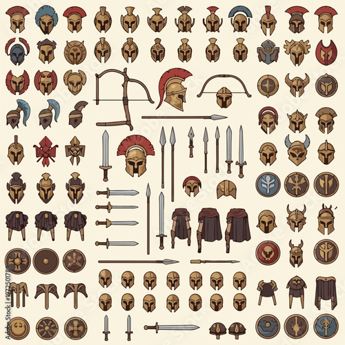 Ancient Greek and Roman Warrior Helmets Shields Weapons and Armor Collection.