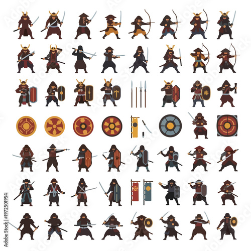 Collection of Japanese Samurai Warriors with Traditional Armor and Weapons.