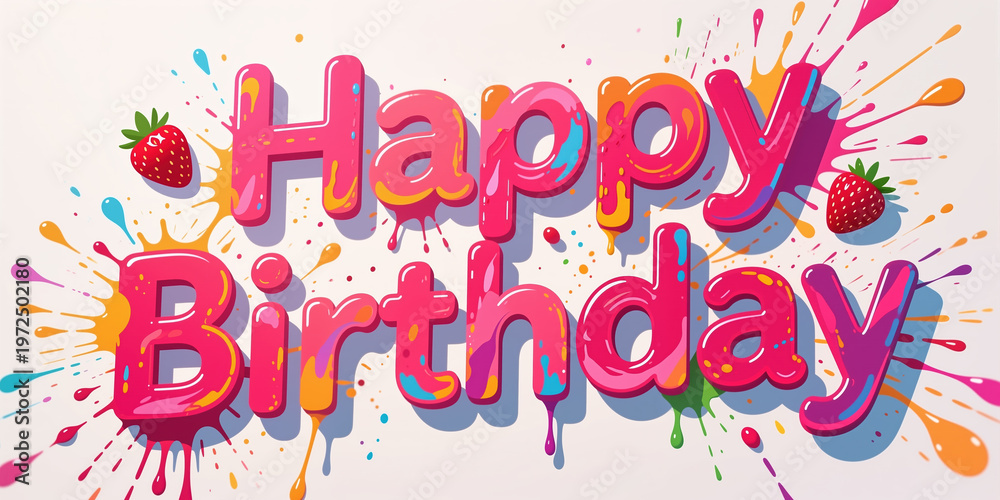Fototapeta premium Vibrant digital illustration for birthday, featuring pink 3d text with colorful paint splatters and strawberries on a beige background, in a playful cartoon style.