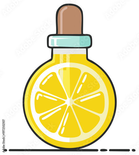 Glass bottle with dropper filled with yellow liquid and lemon slice illustration