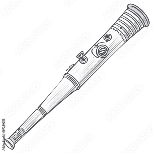 Hand drawn illustration of a historical woodwind instrument with keys and a flared bell