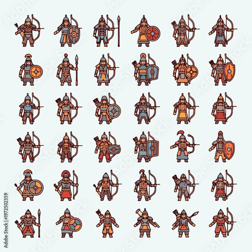 Collection of Ancient Warrior Icons in Pixel Art Style.