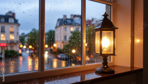 Lantern beside window on rainy day