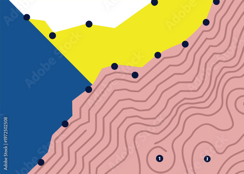 A pink topographic map with concentric contour lines featuring a blue geometric section on the left and yellow highlights at the top interspersed with black circular markers.