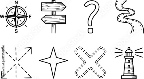 Collection of navigation and direction including compass signpost question mark road lighthouse and star