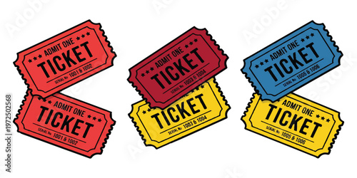 Set of six colorful admit one tickets in red yellow and blue with black text and serrated edges arranged in pairs on a white background