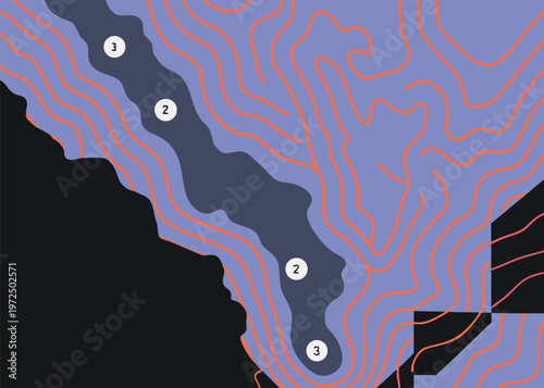 A purple topographic map with orange-red contour lines containing a winding dark gray shaded region and white circular markers containing specific numerical values.