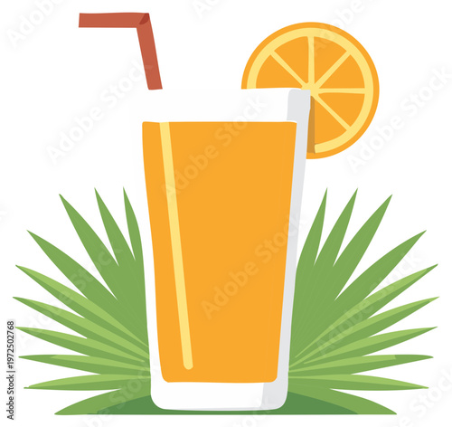 Tall glass of tropical orange juice with drinking straw and citrus fruit slice, decorated by palm leaves