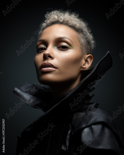 Striking studio fashion portrait of a unique woman with bold avant-garde styling, dramatic lighting, artistic makeup, and a futuristic editorial beauty aesthetic.