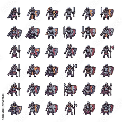 Collection of pixel art fantasy knight character sprites with armor and weapons.