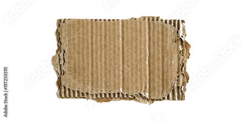 Rectangular piece of brown corrugated cardboard with rough torn edges and visible fluted paper texture isolated on a plain white background