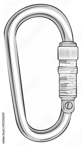 Illustration of a metal carabiner with a locking mechanism, secure and closed.