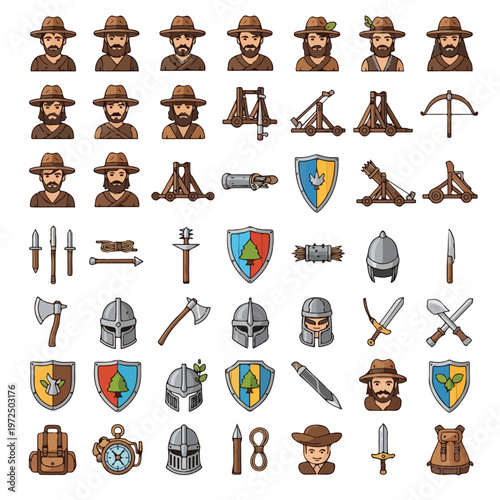 Collection of Medieval and Historical Warrior Characters and Weaponry Icons.