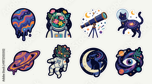 A surrealist illustration of a cosmic scene with astronaut, planet, cat, and eye.