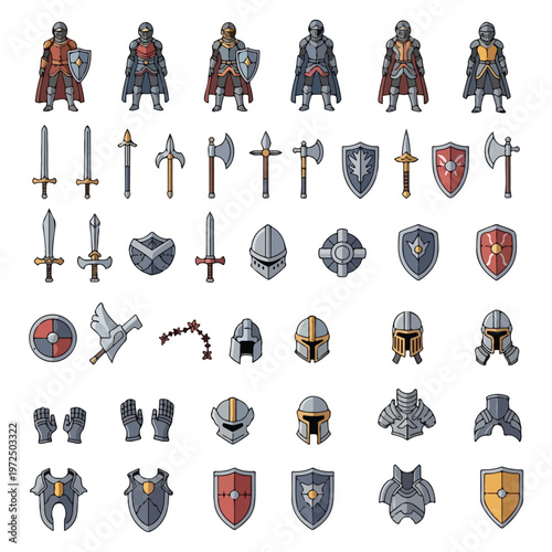Collection of pixel art medieval knights weapons and armor set on a white background.