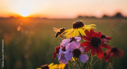A bee flying over a field of colorful flowers at sunset.
