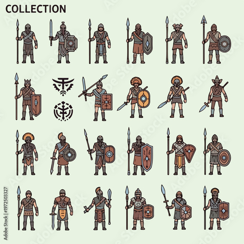 Collection of Ancient Warriors with Spears and Shields.
