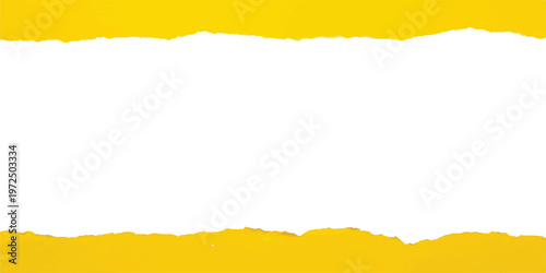 Bright yellow paper with torn edges revealing a wide horizontal white strip across the center of the frame against a plain background