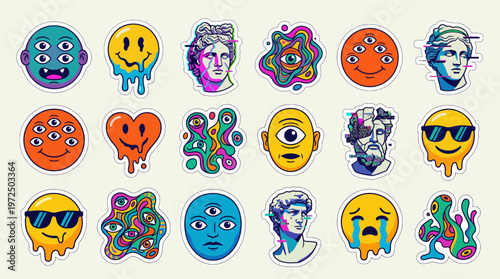 A surrealism art piece featuring various emoticon faces and abstract designs.