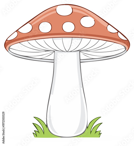 Cartoon mushroom with red cap and white spots standing in green grass