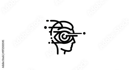 Abstract human head profile with swirling eye and motion lines, conceptual ai and vision icon