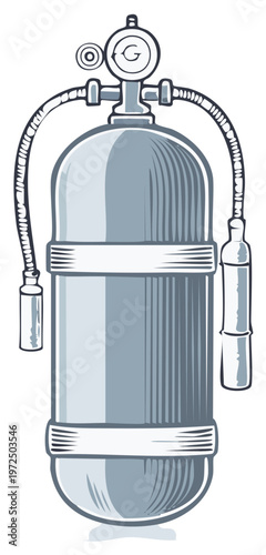 Vintage diving tank with hoses and pressure gauge representing old equipment