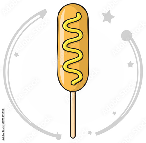 Illustration of a corn dog with mustard drizzle on a stick
