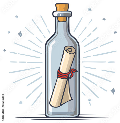 Cartoon illustration of a message in a bottle with scroll and cork, radiating lines, stars
