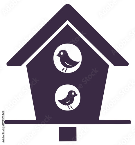Birdhouse silhouette with two birds nesting in it, avian shelter for wild bird families