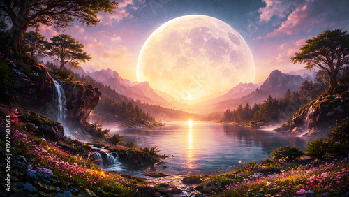 Wallpaper Mural Dreamlike landscape with giant moon close to horizon, cinematic lighting Torontodigital.ca