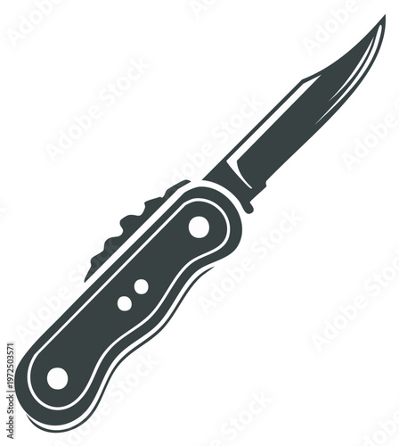 Stylized graphic of a sharp pointed pocket knife with a folded handle and serrated edge detail