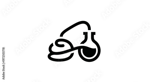 Abstract scientific experiment icon, chemistry flask with connected tube, clean design