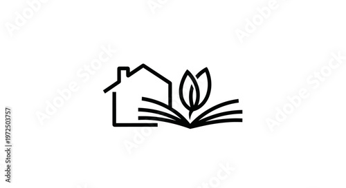 Open book with plant growing from pages next to house outline, concept of learning and growth