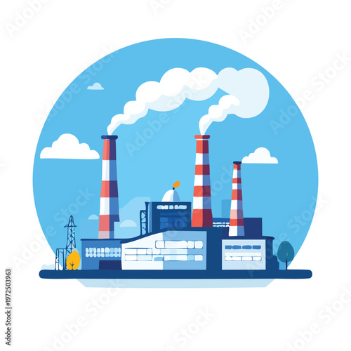 Factory with smokestacks plugged into large AI letters on blue background.