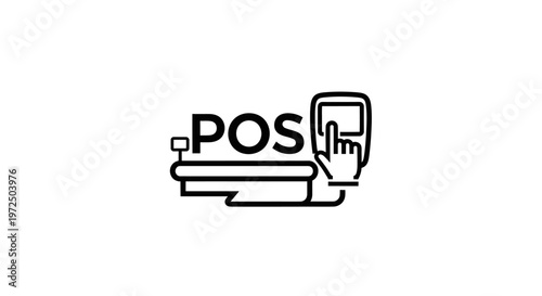 Point of Sale System Icon: Hand Touching Screen of Cash Register and POS Text